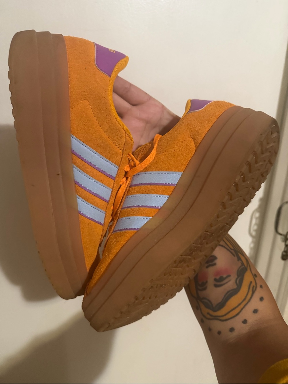 adidas women’s Orange Suede Sneakers with Purple Stripes - Picture 7 of 9